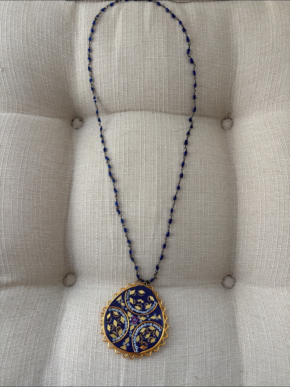 Purple Leather Pendant Necklace with Beaded Chain